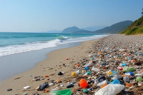 Plastic waste on a beach image